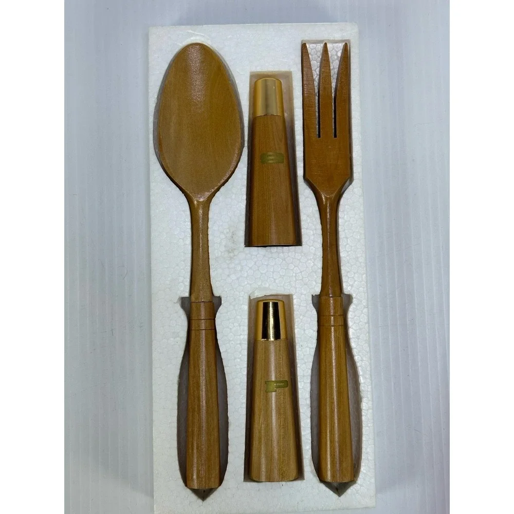 Vintage MCM Hostess Salad Server Set Shakers Salt Pepper Japan Artwood NIB‎